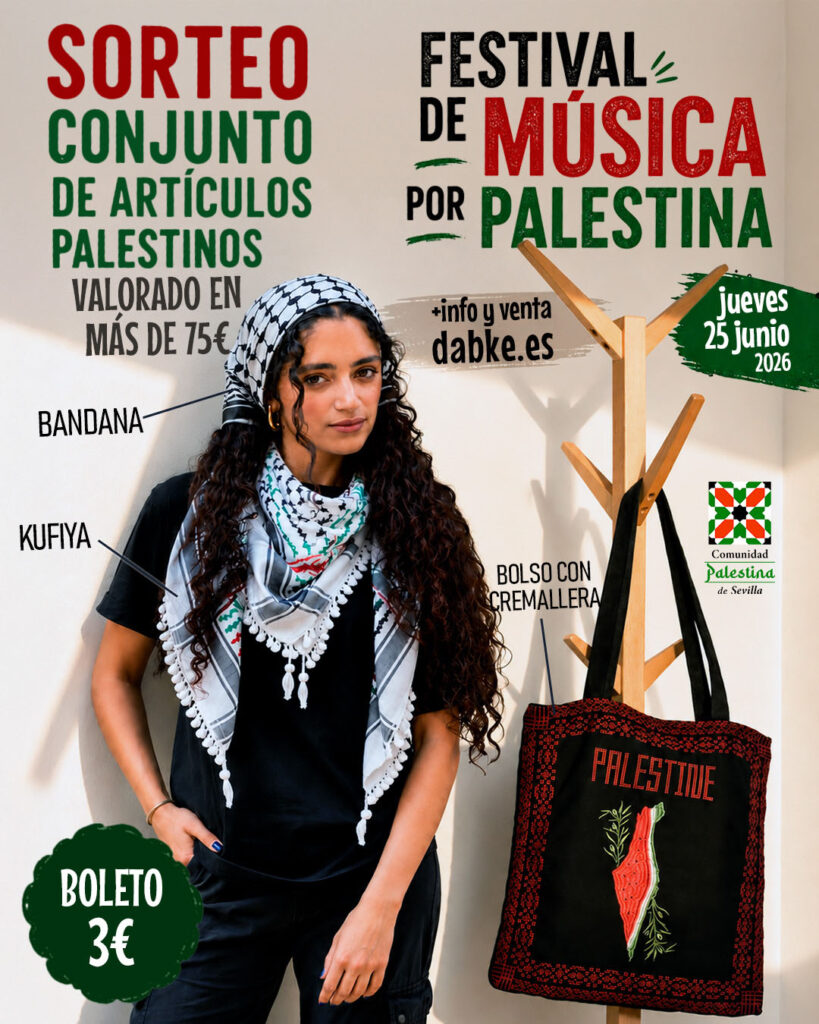 Sortearemos un pack compuesto por artículos hechos en Palestina: un bolso, una kufiya y una bandana, así como una bandera palestina y chapas. Todo valorado en más de 75 €. El sorteo se realizará en el propio festival. En caso de no estar presente en el momento de decir el nombre del afortunado/a, pasaríamos al siguiente.